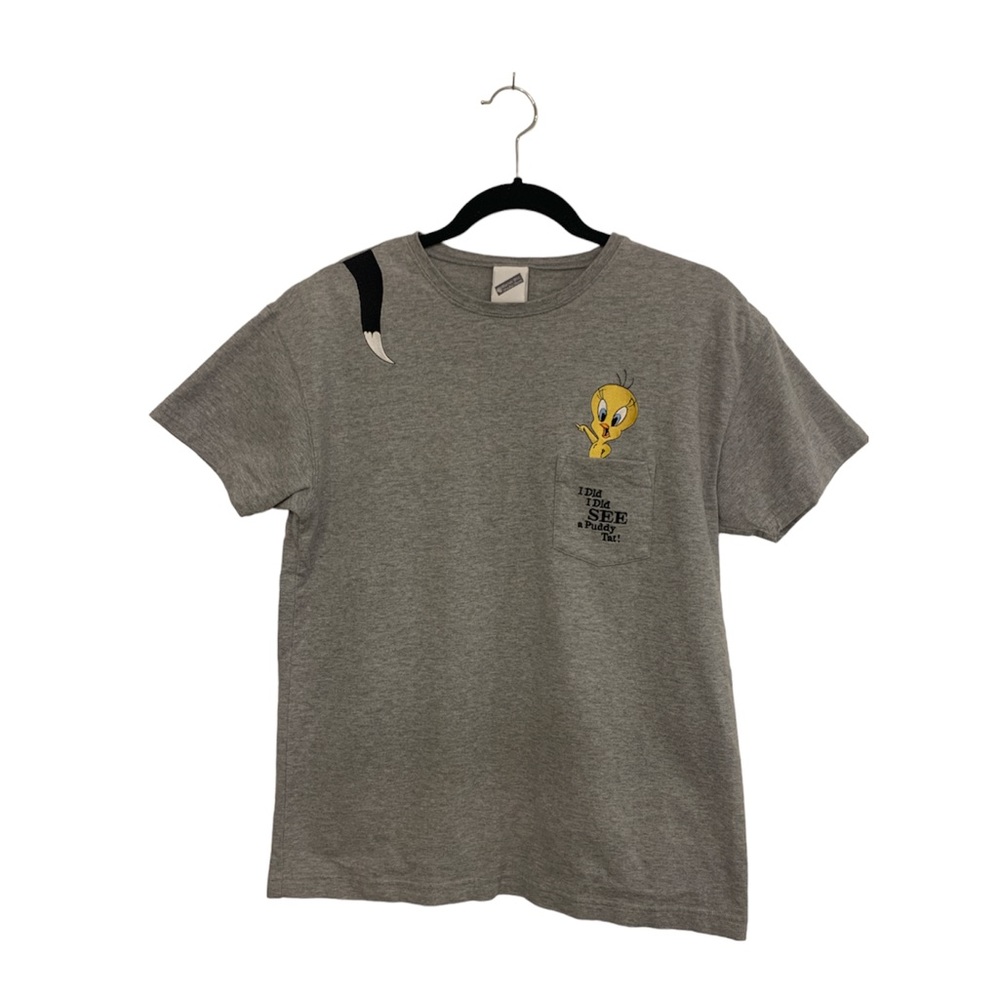 Warner Brothers Studio Looney Tunes Tweety Bird Embroidered Grey T Shirt Small